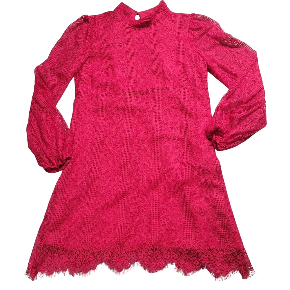Maeve Anthropologie‎ Raspberry Pink Lace Mini Dress Mock Neck Balloon Sleeve 6